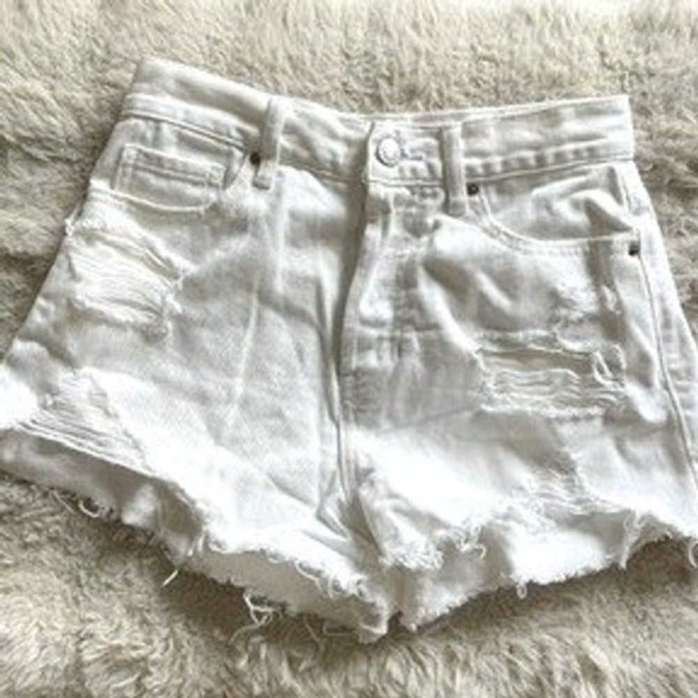 PacSun Vintage High Rise Distressed White Denim Shorts Button Fly Size‎ 25